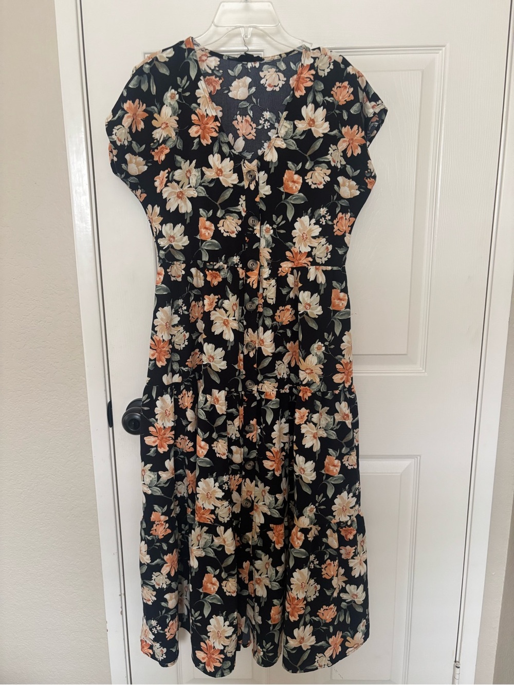 Blu Pepper Black Midi Dress with Peach & Cream Floral Print Size Small